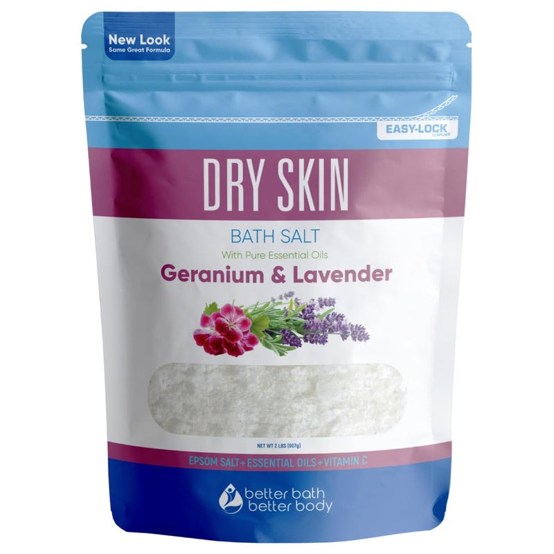 Better Bath Better Body Dry Skin Bath Salt 32 Ounces (2 Lbs) Epsom Salt with Natural Geranium and Lavender Essential Oils Plus Vitamin C in BPA Free Pouch with Easy Press Lock Seal Made in USA - Image 1